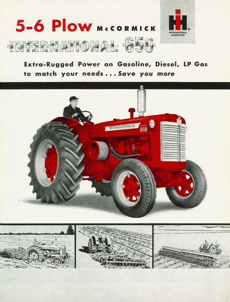 Color illustration cover art of advertising brochure for International 650 tractors.