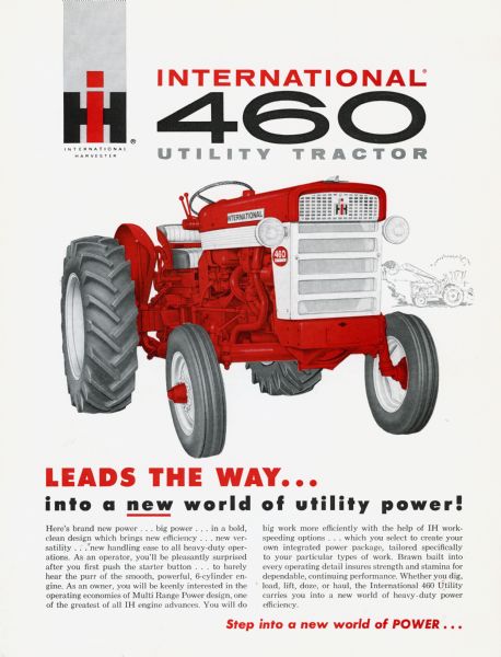 Advertising flyer for International 460 tractors featuring color illustration.