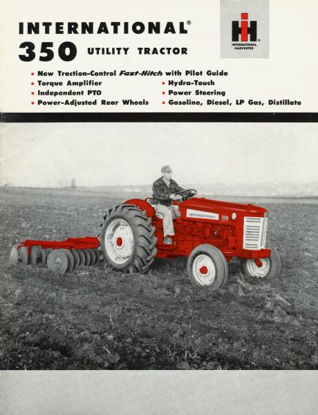 Advertising brochure for International 350 utility tractors featuring color illustration of man on tractor.