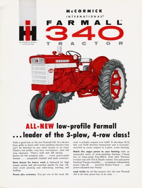 Advertising brochure for Farmall 340 tractors featuring color illustration.