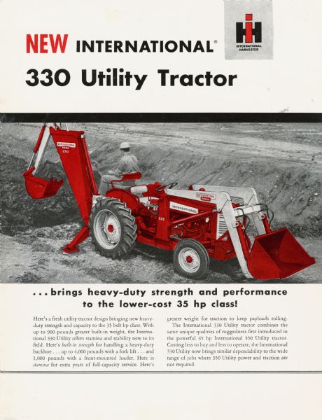 Advertising brochure for International 330 Utility tractors featuring color illustration of man on tractor.