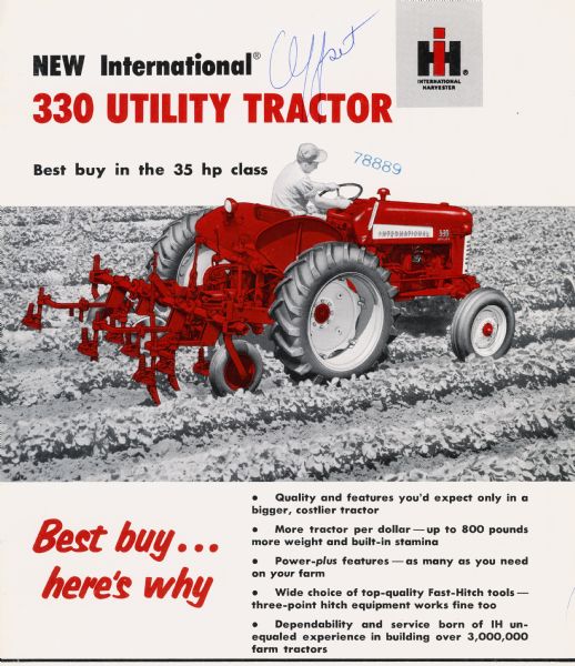 Advertising brochure for International 330 Utility tractors featuring color illustration of man on tractor.