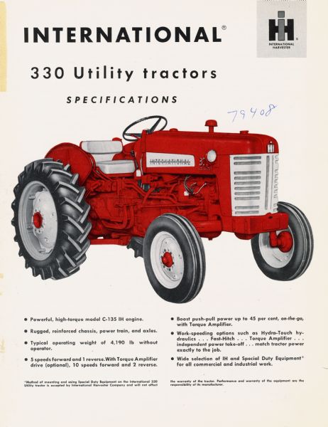 Advertising brochure for International 330 Utility tractors featuring color illustration.