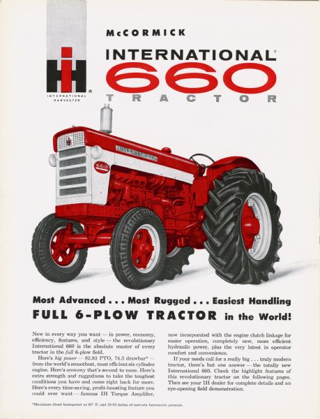 Advertising brochure for International 660 tractors featuring color illustration.