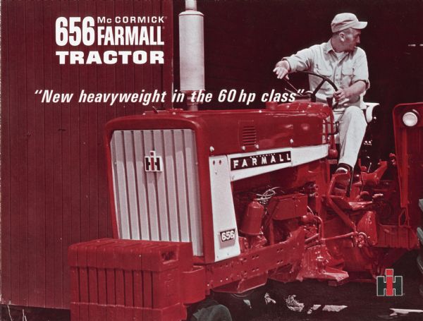 Advertising brochure for Farmall 656 tractors featuring color photograph of man on tractor.