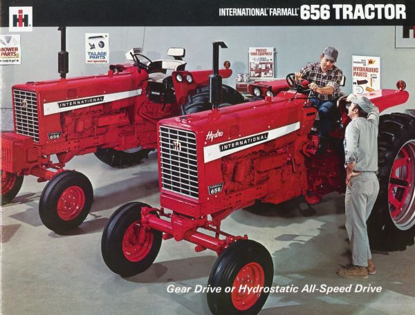 Advertising brochure for International Farmall 656 tractors featuring color photograph of tractors.