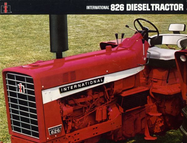 Advertising brochure for International 826 Diesel tractors featuring color photograph.