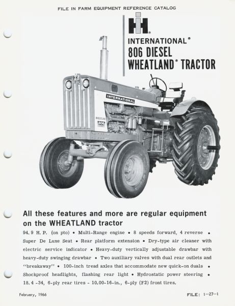 Page from an advertising catalog describing the International 806 Diesel Wheatland tractor.