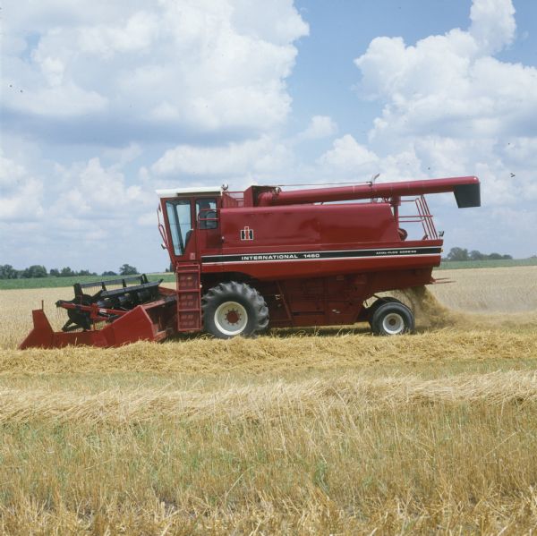 View across field towards an International Harvester 1460 combine (harvester-thresher).