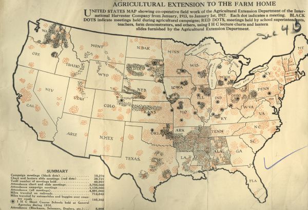 United States map showing co-operative field work of the Agricultural Extension Department of the International Harvester Company from January of 1913 to January 1 of 1917.