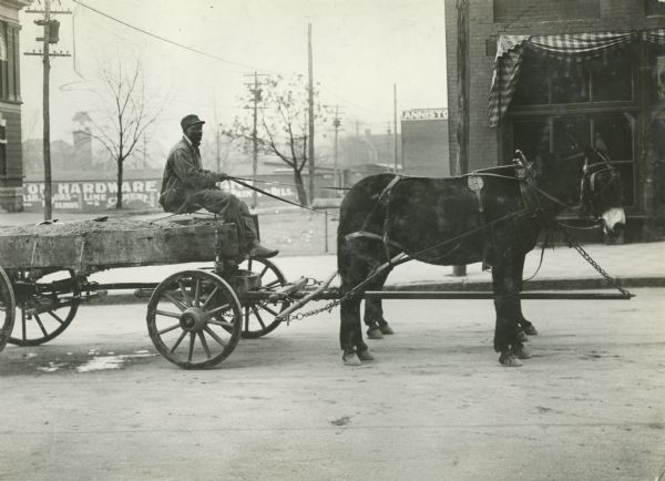 A man is driving a team of mules pulling a wagon down a commercial street.