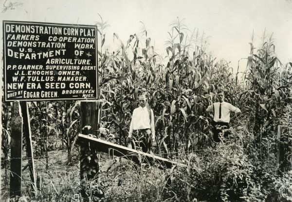 Two men standing in a farmers' corn co-op. The sign reads: "Demonstration Corn Plat.; Farmers Co-operation; Demonstration Work; U.S. Department of Agriculture; P.P. Garner, Supervising Agent; J.L. Enochs, Owner; W.F. Tullus, Manager; New Era Seed Corn, Bred by Edgar Green. Brookhaven, Miss."