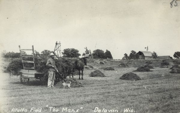 Photographic postcard view across harvested field towards a man holding a rake and standing next to a horse-drawn wagon, and two women in the wagon sitting on top of the load of alfalfa. A small dog is standing next to the man. In the background are farm buildings and a windmill. 