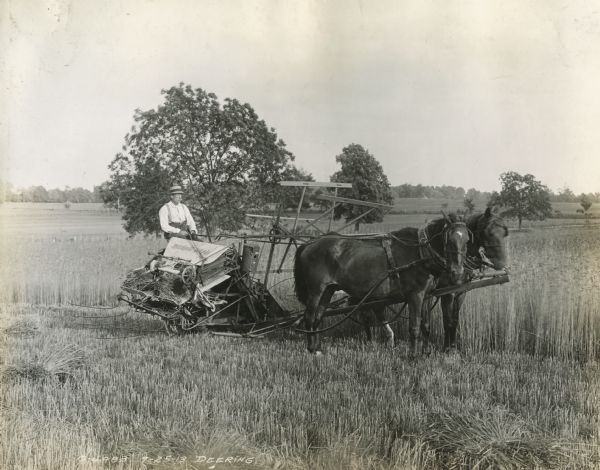A farmer operates a Deering Ideal grain binder pulled by two horses.