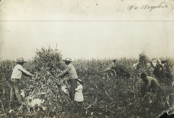 A group of workers stack corn shocks in a field while a small child and dog stand in the foreground. A horse-drawn corn binder is in the background.