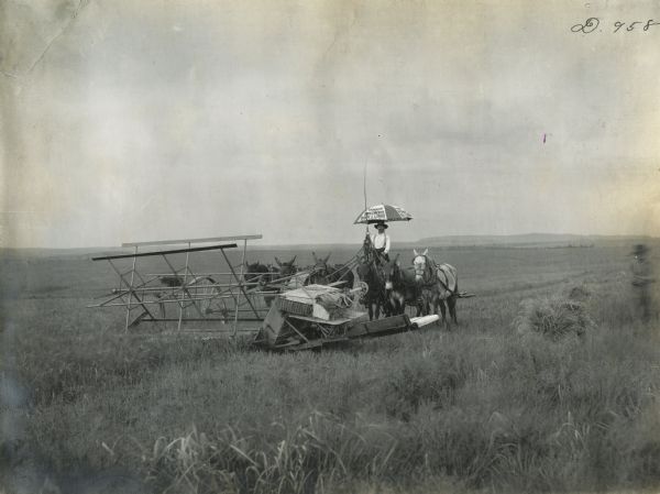 A farmer uses a team of six mules to power a push binder through a field. The farmer is shaded by an umbrella. The advertisement on the umbrella reads: "Hardware and Implements; Duncan & Leonard; Anadarko, O.T."