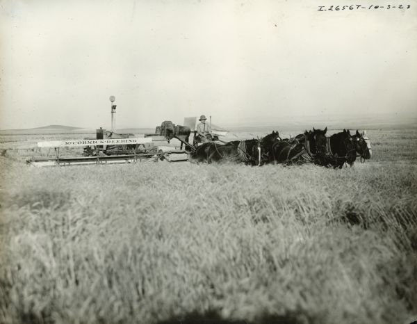 A farmer using a horse-drawn McCormick-Deering harvester-thresher (combine) in a field.