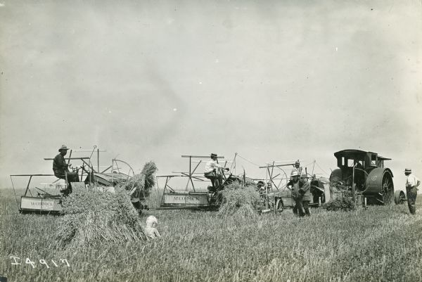 A line of grain binders pulled by an International Harvester Mogul 25 hp tractor. A young boy is leaning against a stack of grain in the foreground.
