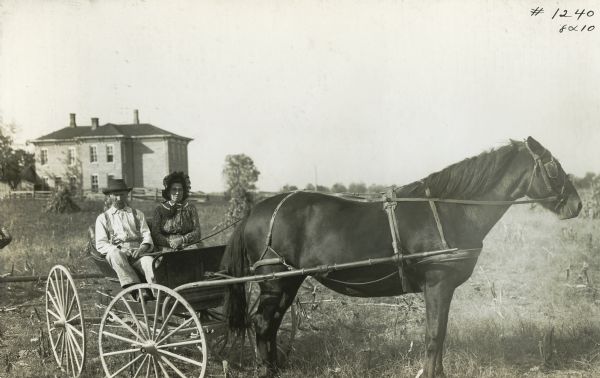 A man and woman sitting in a wagon led by a horse. A field and a house are in the background.