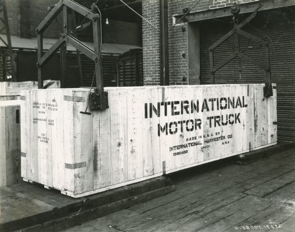 International Motor truck crated for shipping at Springfield Works.