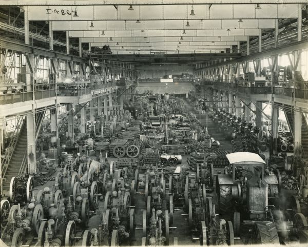 Elevated view of tractors and engines at International Harvester's Milwaukee(?) Works.