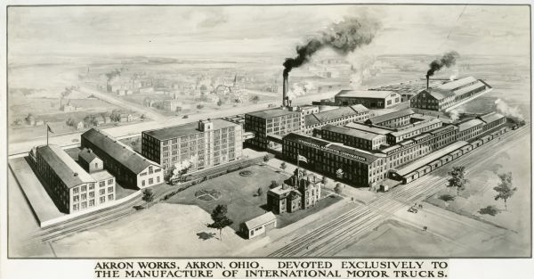 Elevated view of International Harvester's Akron Works (factory).
