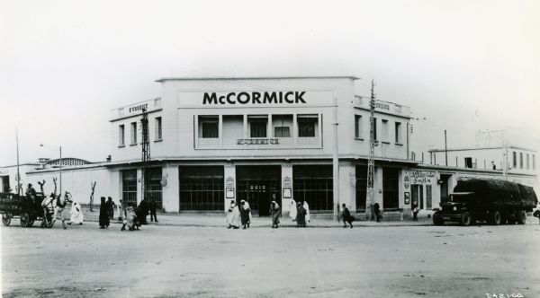 Exterior view of an International Harvester branch office at Casablanca, Morocco, North Africa. The office was operated by "Cima-Wallut Machines Agricoles McCormick et Deering."