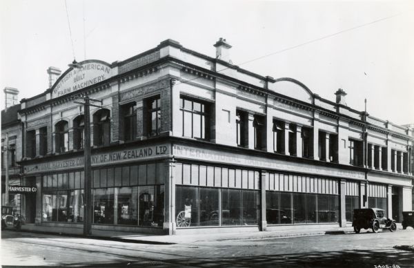 Exterior view of the the International Harvester general office in New Zealand. The office was operated by the subsidiary International Harvester Company of New Zealand, Inc., and located at 187-189 Cashel Street, Christchurch, New Zealand.