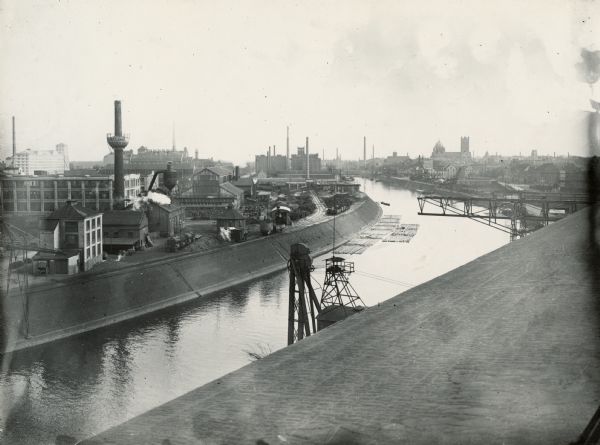 International Harvester's Neuss Works (factory) and a surrounding canal, near Neuss, Germany.