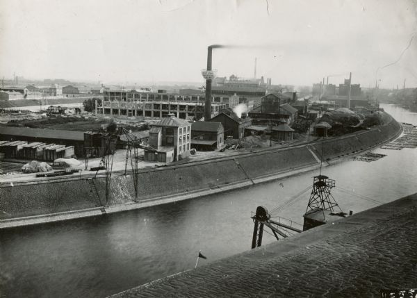 Elevated view of International Harvester's Neuss Works (factory) in Neuss Germany from across a canal.