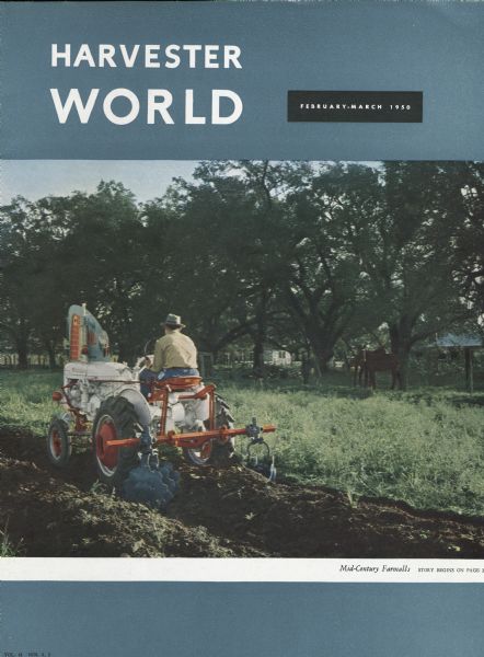 Cover of the February-March issue of "Harvester World" magazine featuring a color photograph of a man operating a white Farmall Super A demonstrator tractor in a field. The white demonstrators were produced as part of the company's "mid-century" promotion.