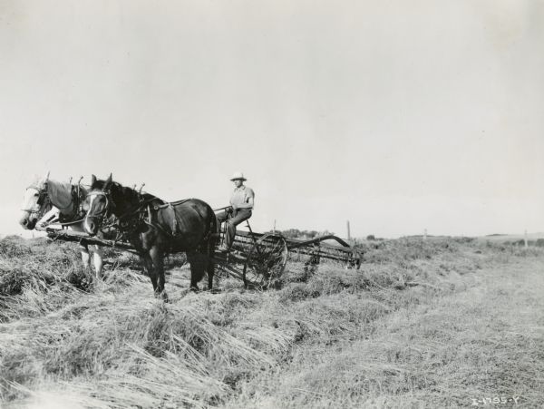 Farmer operating a horse-drawn hay rake in a field.