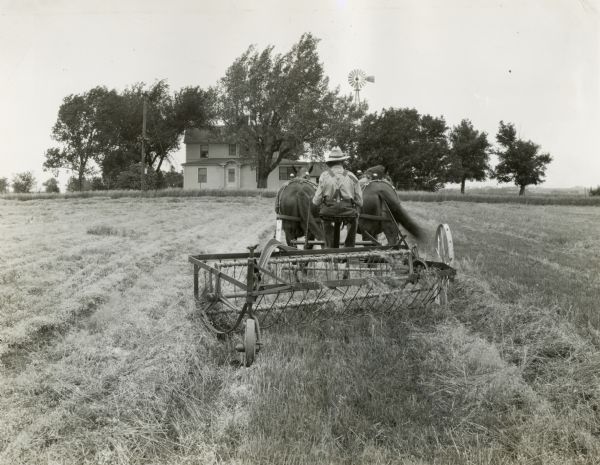 Farmer operating a horse-drawn side delivery hay rake on the Hanna Farm.