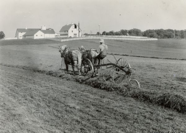 A man, possibly N.B. Frankensteen, operating a horse-drawn side delivery hay rake on the N.B. Frankensteen Ridgebrook Farm. Farm buildings are in the background.