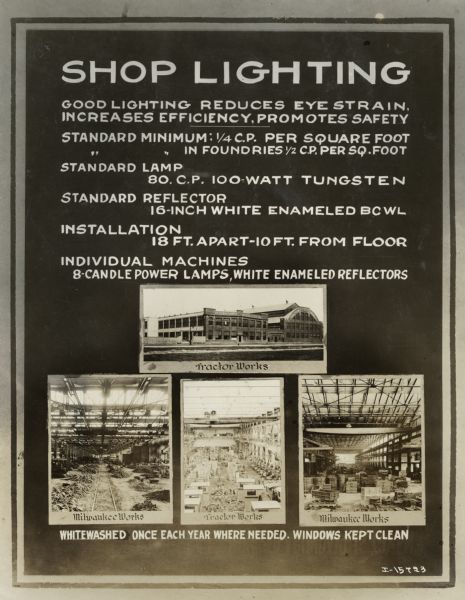 A poster or signboard describing lighting specifications at International Harvester factories and their contribution to employee health and safety. Four factory images appear on the poster, including Tractor Works and Milwaukee Works. The poster is one of a series illustrating employee health and safety at International Harvester factories.