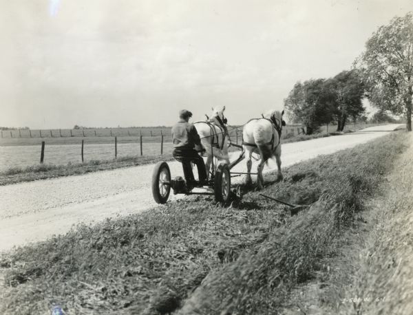 Rear view of a man mowing the grass along the shoulder of a rural road with a horse-drawn No. 7 mower with rubber (pneumatic) tires.