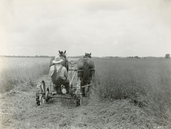 W.J. Miller mowing his field with a horse-drawn No. 7 mower.