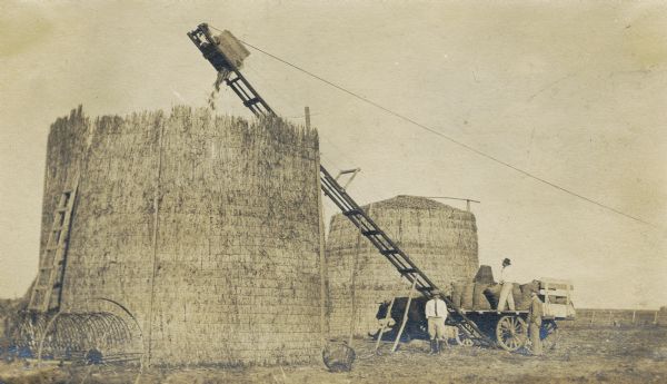 A group of men filling a large, circular corn crib. A second corn crib in the background is completely full.