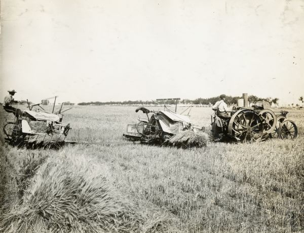 Two men with an International Harvester 10-20 H.P. Mogul tractor and Deering new Ideal Grain Binders in a field.