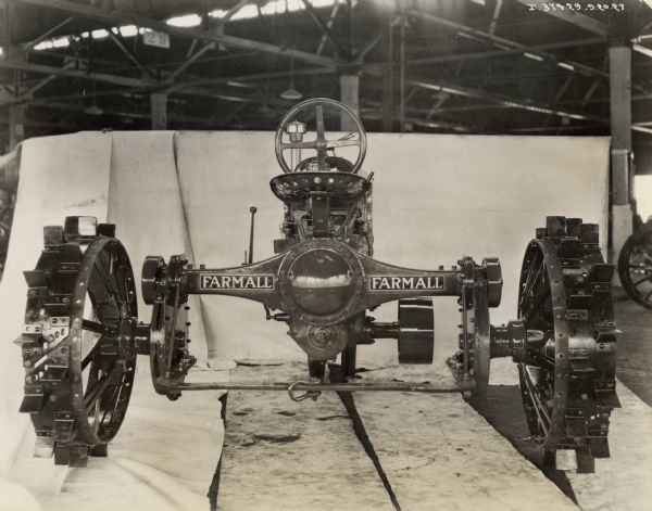 Engineering photograph of rear view of a Farmall Regular tractor. The photograph was likely taken at an International Harvester factory.