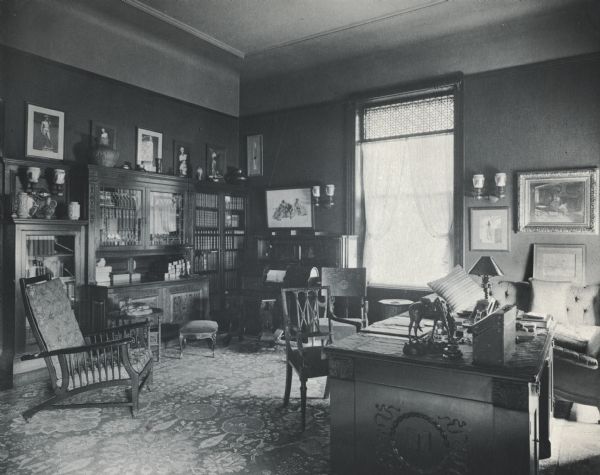 Study at the McCormick family residence on Rush Street. The house was built for Cyrus Hall McCormick and his family in 1879. After McCormick's death in 1884, the house was occupied by his widow Nettie Fowler McCormick. The photograph is taken from a photograph album entitled "The Old Home".