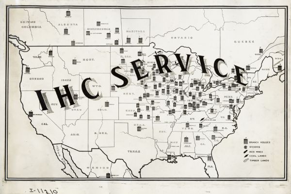 Map showing the locations of IHC branch houses, works (factories), iron mines, coal lands, and timber lands.