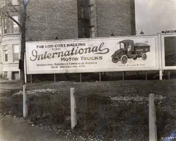 Billboard advertising 3/4, 1, 1 1/2, and 2 ton International Motor Trucks.