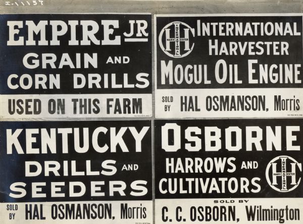 Signs advertising: Empire Jr. Grain and Corn Drills; Kentucky Drills and Seeders; International Harvester Mogul Oil Engine; and Osborn Harrows and Cultivators.