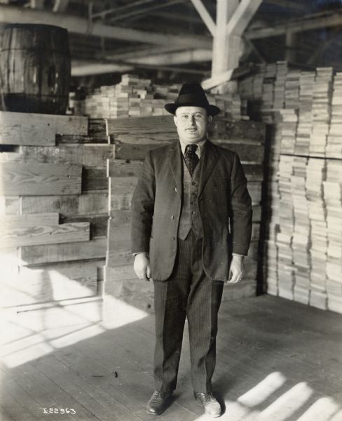 Portrait of a safety inspector at International Harvester's West Pullman Works (factory).