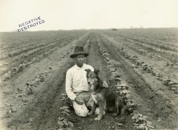 A man kneeling in a field beside a dog, with his hand on the dogs back.