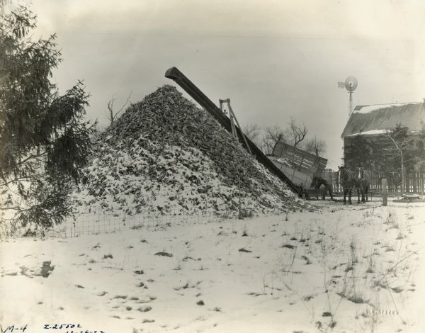 A man standing beside two horses loading an elevator to form a tall corn pile in the snow-covered yard of George Fox.  A barn and windmill are in the background.