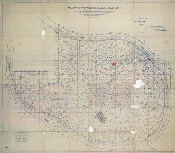 Topographical survey of a McCormick family property in Lake Forest, Illinois. The survey was completed for Anita McCormick [Mrs. Emmons] Blaine. The survey shows a rose garden, pool, and teahouse, as well as nearby roads (Mayflower, Brushwood and Ringwood). The survey was created by James Anderson, Jr., a Civil Engineer and Surveyor.