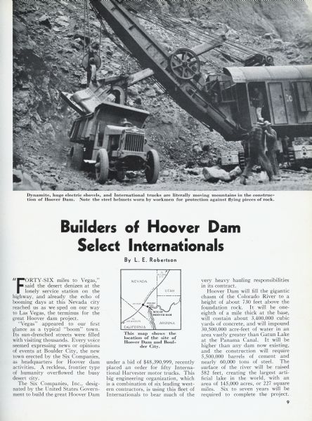 Page from <i>International Trail</i> magazine featuring an article about the use of International trucks for the construction of the Hoover Dam. The title of the article is "Builders of Hoover Dam Select Internationals".