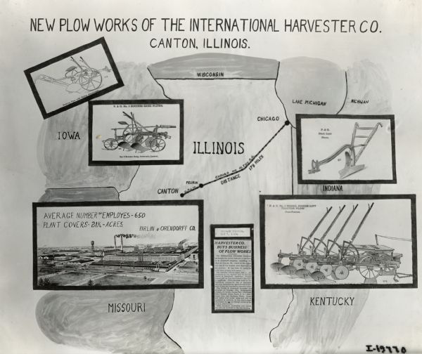 Chart or sign illustrating the "New Plow Works of the International Harvester Co. Canton, Illinois." The middle of the poster features an article titled "Harvester Co. Buys Business of Plow Works" from the May 7, 1919 edition of the "Chicago Tribune".